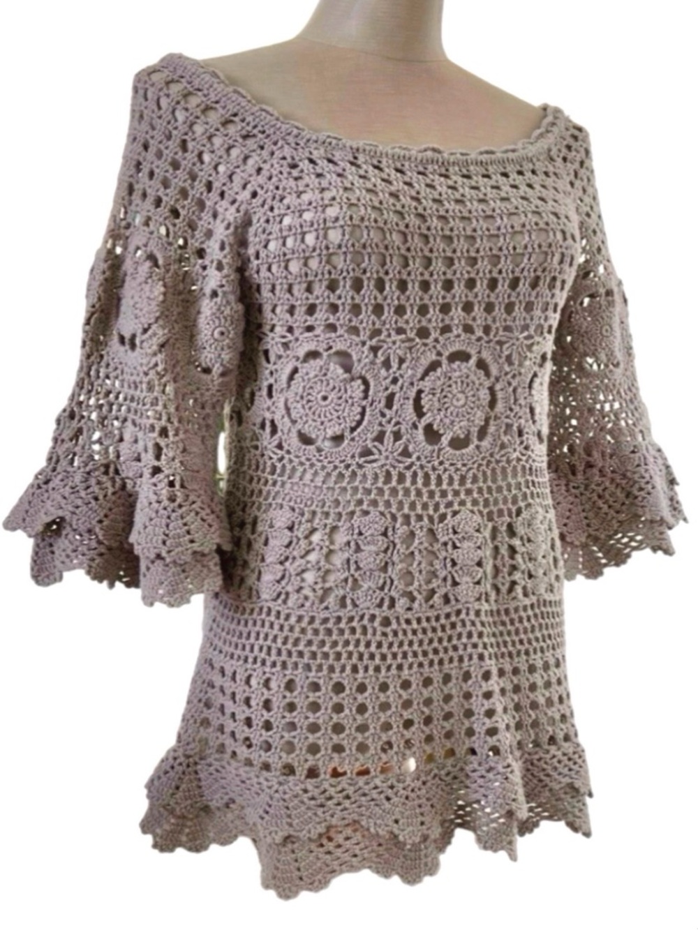 Crochet Open Knit Top Boho Festival Beach Coastal Flutter Bell Sleeves Small